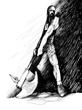 drawing illustration of ancient fantasy warrior with axe