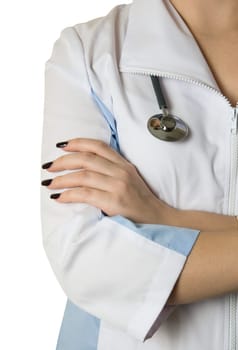 Closeup of white nurse uniform and stethoscope isolated on white