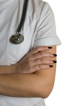 Closeup of white nurse uniform and stethoscope isolated on white