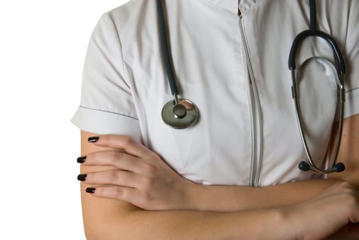 Closeup of white nurse uniform and stethoscope isolated on white