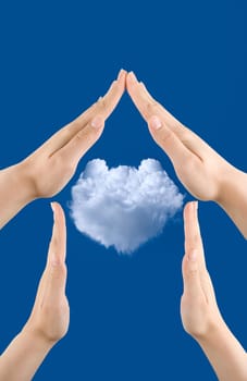 hand home gesture on the blue sky background