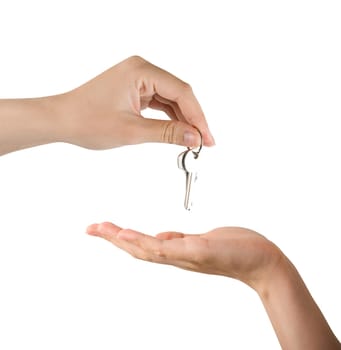 Human hands and key isolated on white background