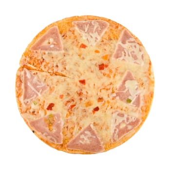 pizza with ham, cheese, pepper isolated on white.