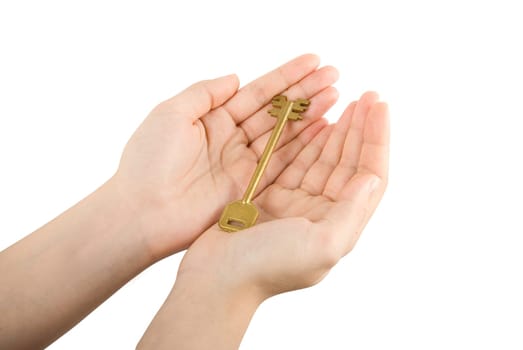Fingers holding Golden key isolated on white background