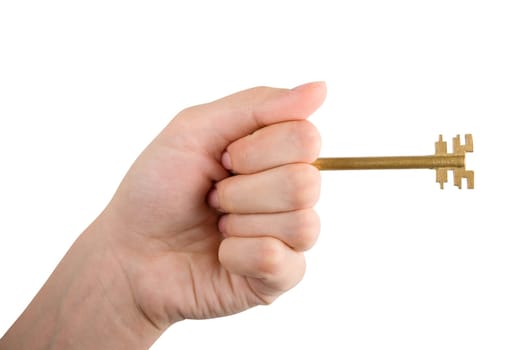 Fingers holding Golden key isolated on white background