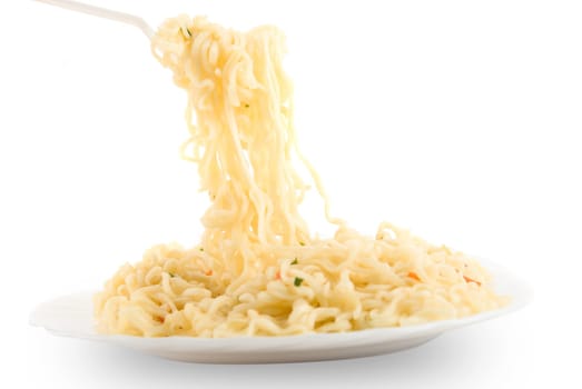 spaghetti at plate on fork isolated over white background