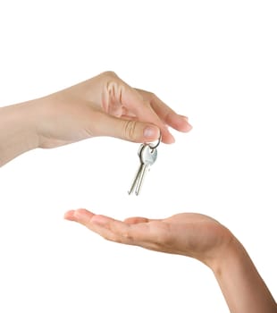 Human hands and key isolated on white background
