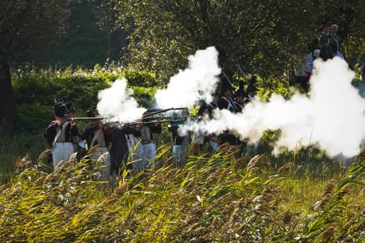 Willemstad - October 23: Replay of Napoleonic period in the Netherlands with battle between French, Dutch and English troops at Fort Sabina, October 23, 2011, Fort Sabina, Willemstad, the Netherlands