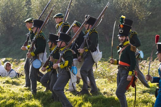 Willemstad - October 23: Replay of Napoleonic period in the Netherlands with battle between French, Dutch and English troops at Fort Sabina, October 23, 2011, Fort Sabina, Willemstad, the Netherlands