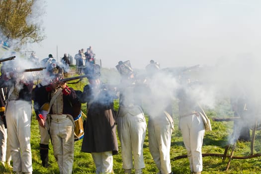 Willemstad - October 23: Replay of Napoleonic period in the Netherlands with battle between French, Dutch and English troops at Fort Sabina, October 23, 2011, Fort Sabina, Willemstad, the Netherlands