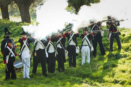Willemstad - October 23: Replay of Napoleonic period in the Netherlands with battle between French, Dutch and English troops at Fort Sabina, October 23, 2011, Fort Sabina, Willemstad, the Netherlands