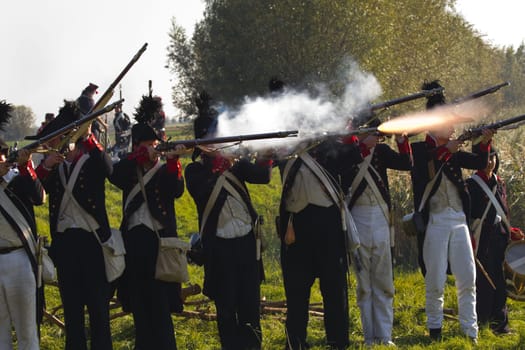 Willemstad - October 23: Replay of Napoleonic period in the Netherlands with battle between French, Dutch and English troops at Fort Sabina, October 23, 2011, Fort Sabina, Willemstad, the Netherlands