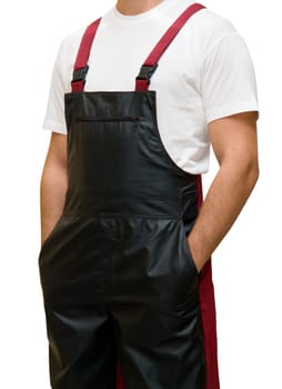 Red Work uniform man isolated on white. Close up