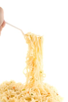 spaghetti at fork isolated on white background