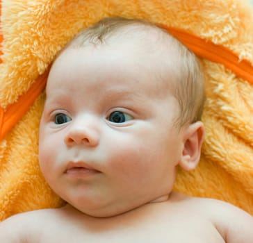 Portrait of baby boy lying on the bed