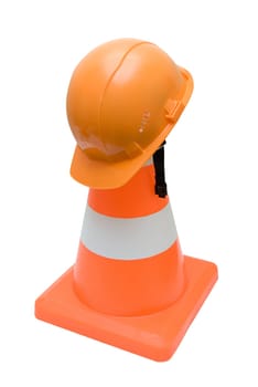 Road warning cone and orange helmet isolated on a white background