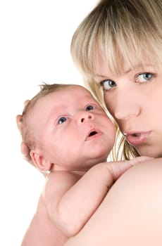 Close up portrait of happy mother with baby boy isolated on white
