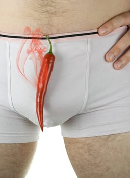 Concept of Red hot chili pepper at man briefs with smoke