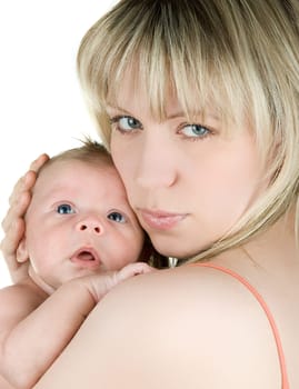 portrait of happy mother with baby boy isolated on white