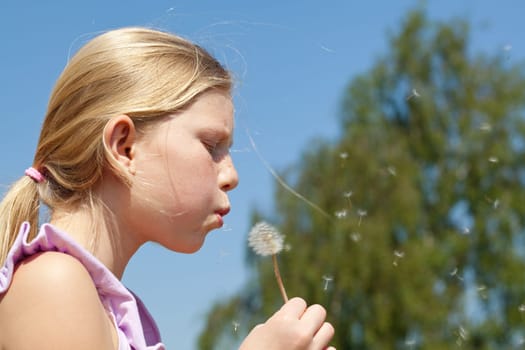 Outdoor portrait of teenager girl puffing to dandellion