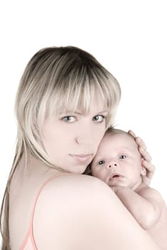 Portrait of happy mother with baby boy isolated on white