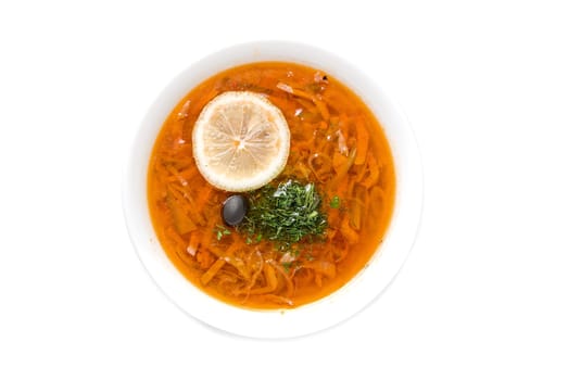 Solyanka soup isolated on white background