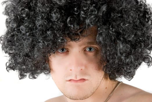 Closeup portrait of a frizzy young man on a white background