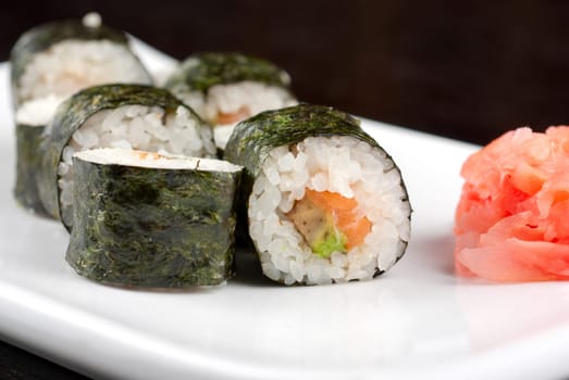 Hokkaido maki: sushi rool of avocado, nori, salmon