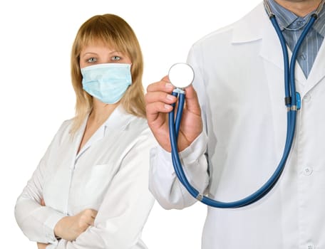 doctor with stethoscope and woman nurse on white background