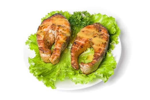 Tasty hunchback salmon fish dish isolated on a white background