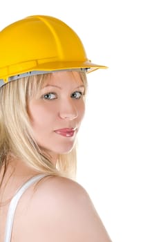 pretty woman in yellow building helmet isolated on white