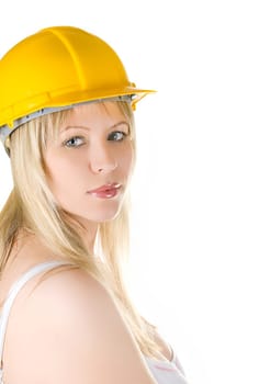 pretty woman in yellow building helmet isolated on white