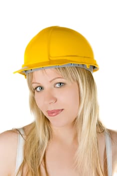 pretty woman in yellow building helmet isolated on white