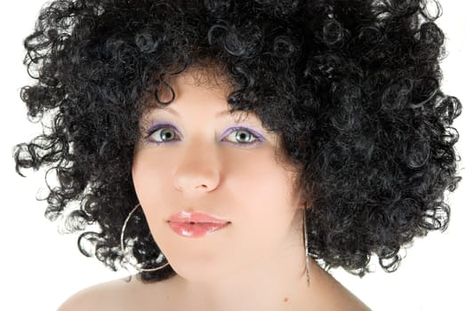 Beautiful young frizzy woman isolated over white background
