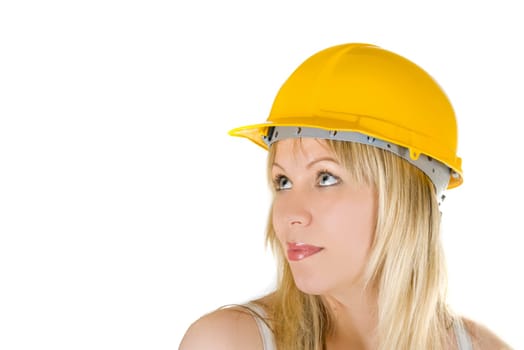 pretty woman in yellow building helmet isolated on white