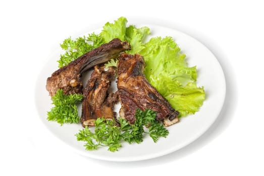 Grilled lamb meat and vegetables isolated on white background