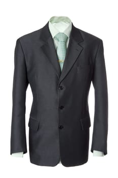 Empty grey office clothes for manager. Also green shirt, necktie and golden clip. Isolated over white