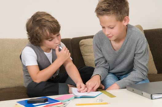 Two friends doing their homework in the livingroom