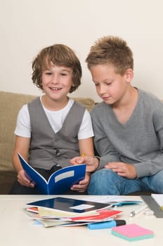 Two friends doing their homework in the livingroom