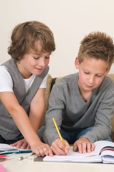 Two friends doing their homework in the livingroom