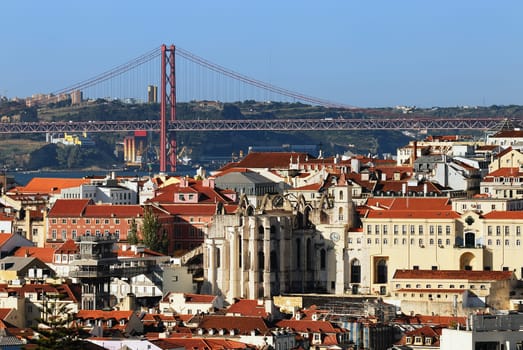 Bird view of central Lisbon with colorful houses and orange roofs