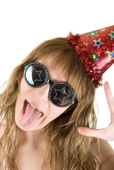 Happy crazy festive woman isolated on white background