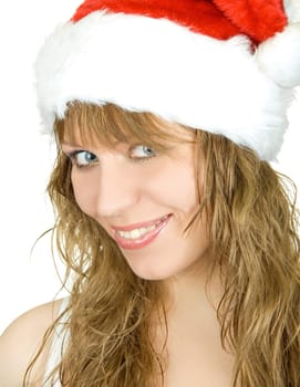 Happy pretty santa festive woman isolated on white background