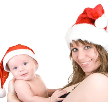 Beautiful mommy santa and her baby Santa boy