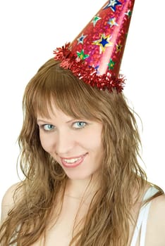 Happy festive woman isolated on white background