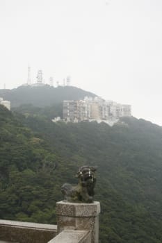 View from the peak in Hong Kong to the surrounding area with stone lion in the foreground