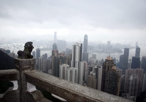 Skyline of Hong Kong seen from the peak over the harbor