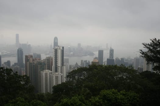Skyline of Hong Kong seen from the peak over the harbor