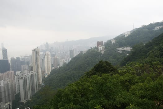 Skyline of Hong Kong seen from the peak over the harbor