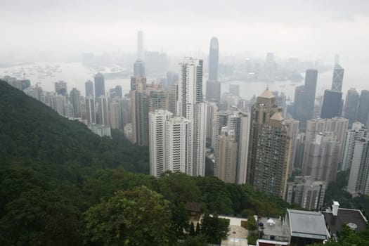Skyline of Hong Kong seen from the peak over the harbor